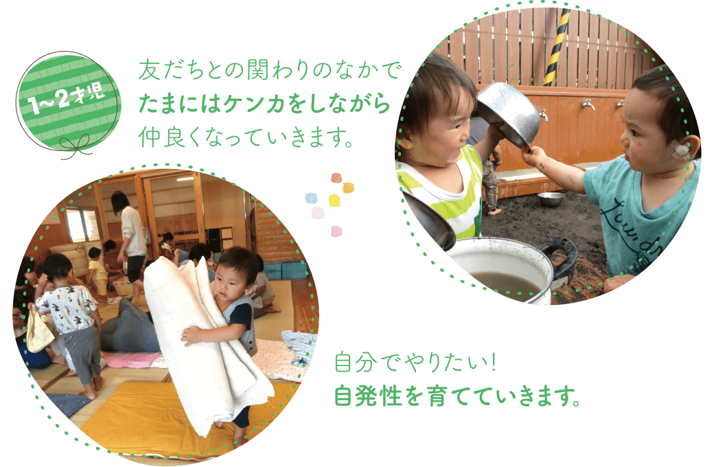 1～2才児 友だちとの関わりのなかでたまにはケンカをしながら仲良くなっていきます。自分でやりたい！自発性を育てていきます。